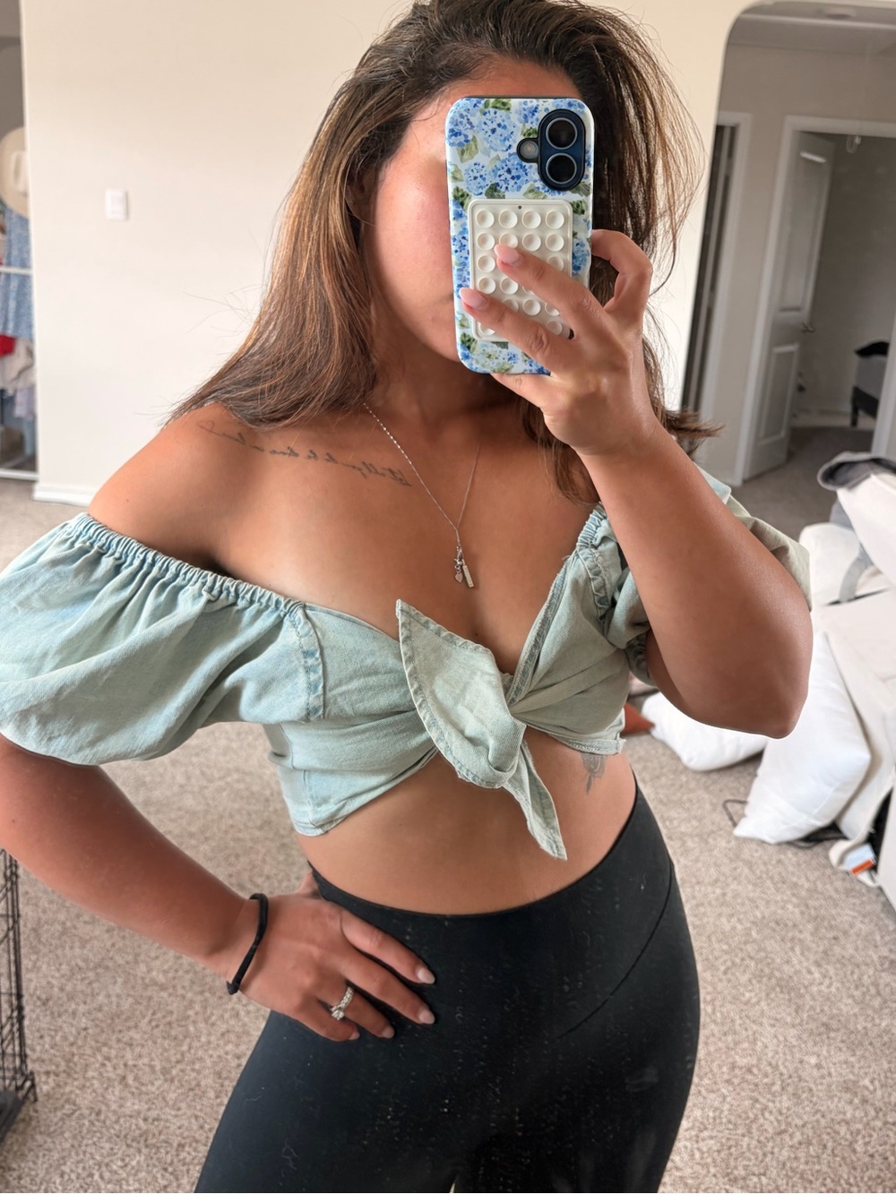 Ocean Drive Light Blue Tie-Front Puff Sleeve Crop Top